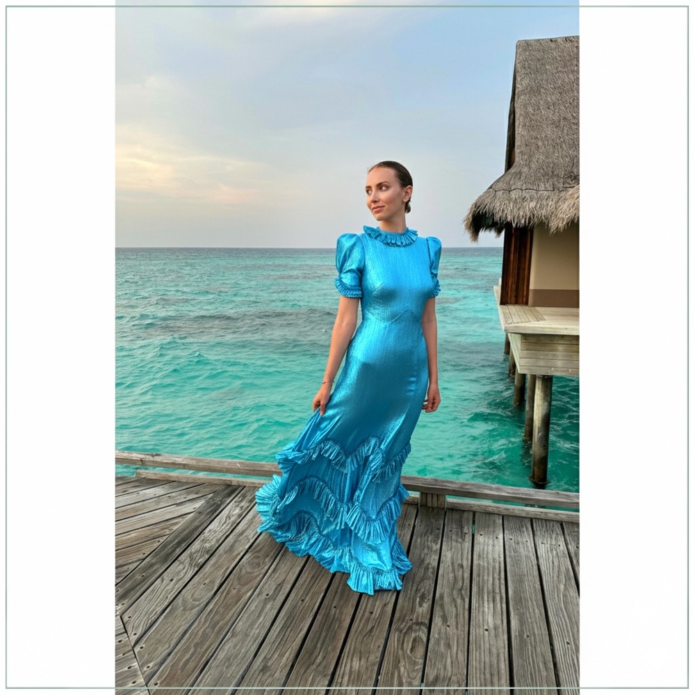 The Vampire’s Wife $4990 Sky Rocket Runway Gown in Metallic Sky Blue